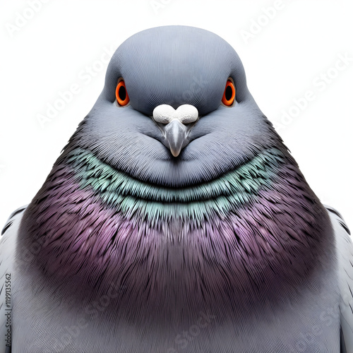 Pigeon Portrait: Intense Close-up of a Rock Dove, showcasing intricate feather details and striking orange eyes.  The bird's plumage displays a rich palette of blues, purples, and greens. photo