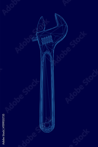 Blue wrench is shown in a 3D image. The wrench is bent and twisted, and it is a tool used for fixing or adjusting things. The image has a somewhat abstract and futuristic feel to it