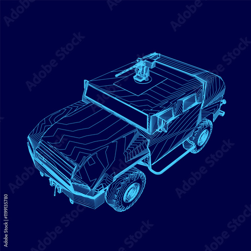 Blue drawing of a military vehicle with a gun on top.