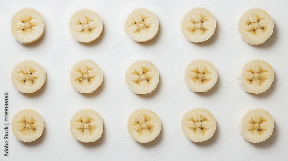A minimalist flat lay of a single banana sliced into rounds on a white background A minimalist flat lay of a single banana sliced into rounds on a white background