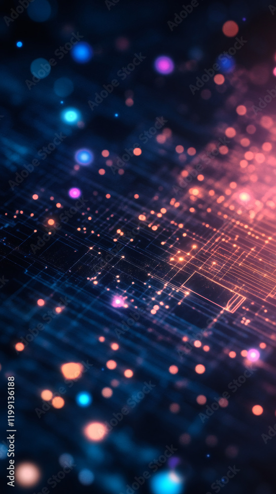 Complex electronic connections creating a futuristic printed circuit board with glowing nodes transferring data Complex electronic connections creating a futuristic printed circuit board with glowing nodes transferring data