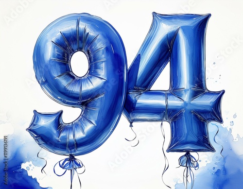 Blue birthday / anniversary party balloon, number 94, watercolor painting with white background
