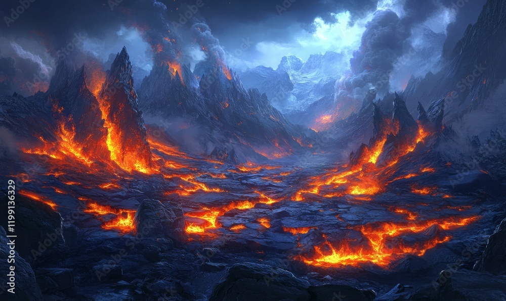 Lava flow on rocky surface with glowing cracks and dramatic lighting Lava flow on rocky surface with glowing cracks and dramatic lighting