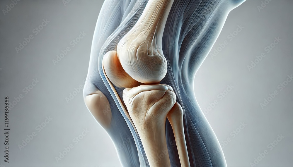 © MohamadMustafa - Realistic illustration of a human knee joint, showing bones and cartilage, isolated on a light neutral background for medical or educational purposes,