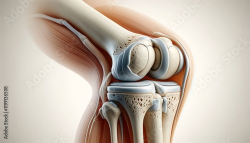 Realistic illustration of a human knee joint, showing bones and cartilage, isolated on a light neutral background for medical or educational purposes,