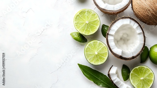 A summer vibe with fresh coconut halves and lime slices on a white surface
