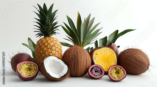 Fototapeta Naklejka Na Ścianę i Meble -  A tropical theme with coconuts, pineapples, and passion fruits placed on a white background