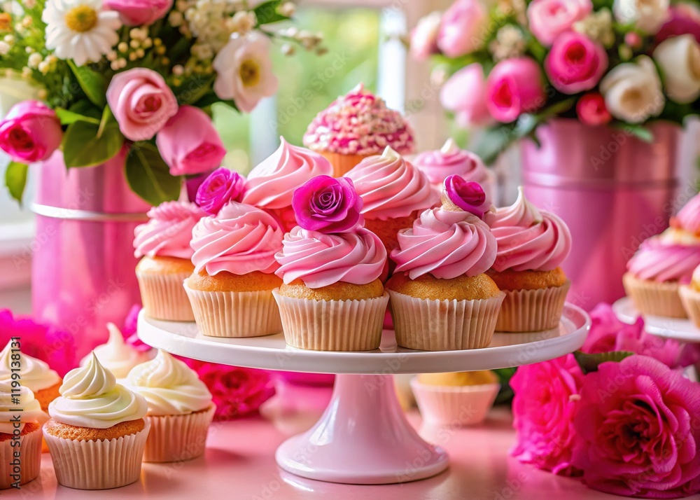 Elegant Pink Dessert Table with Cupcakes & Flowers - Festive Celebration Elegant Pink Dessert Table with Cupcakes & Flowers - Festive Celebration