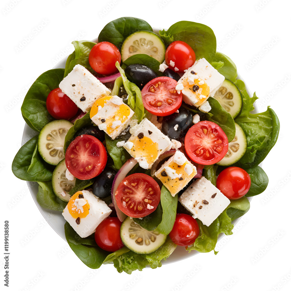 Fresh Greek Salad with Feta Cheese, Olives, Tomatoes, and Cucumbers in a Bowl, Top View, Healthy Mediterranean Cuisine Isolated on Transparent Background Fresh Greek Salad with Feta Cheese, Olives, Tomatoes, and Cucumbers in a Bowl, Top View, Healthy Mediterranean Cuisine Isolated on Transparent Background