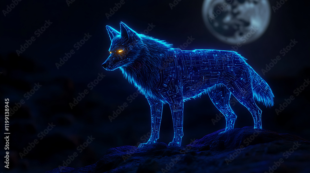 Cybernetic wolf standing on a rock at night under a full moon. Cybernetic wolf standing on a rock at night under a full moon.