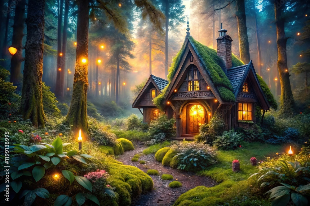 Fototapeta premium Enchanted Forest Cottage Night Long Exposure Fairy Tale House Stock Photo