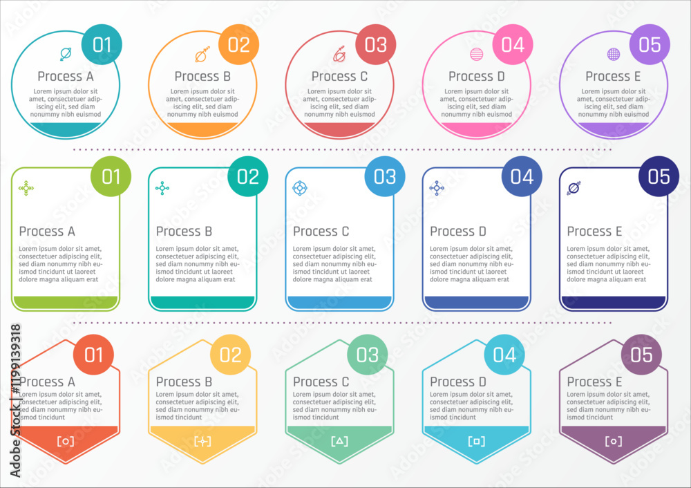 3 sets of 5 options business infographic template, theme of simple flat shape design in different style including circle, rectangular and hexagon