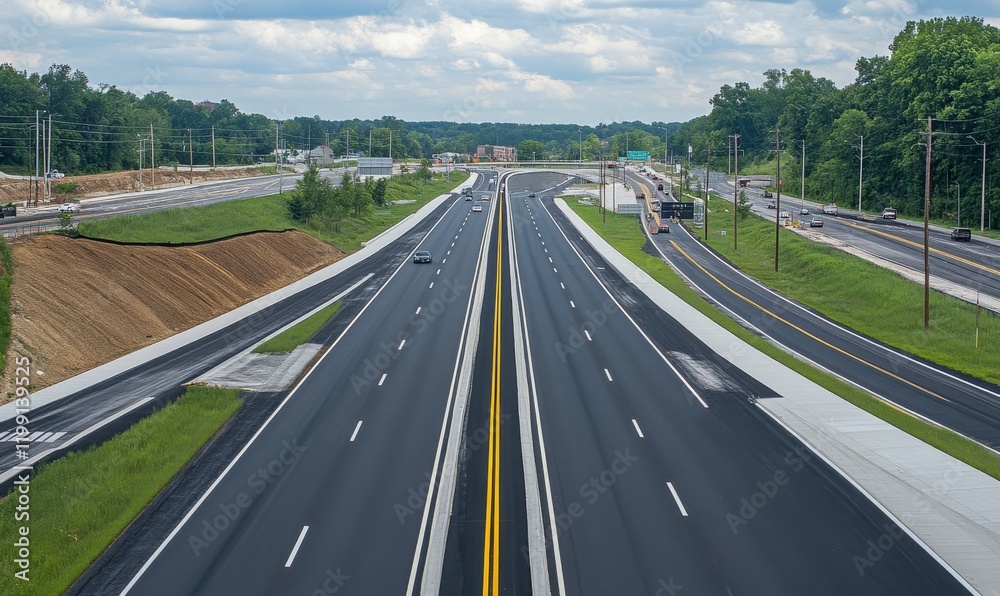 Fototapeta premium long stretch of highway with double yellow line