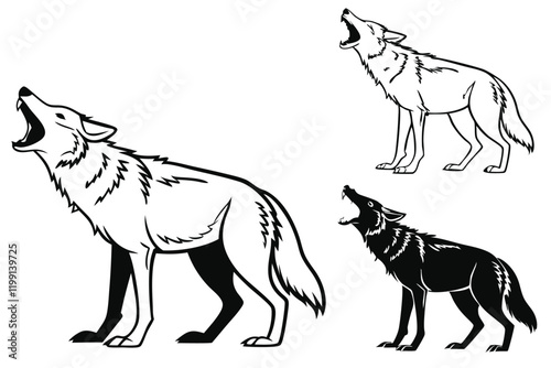 black silhouette of angry coyote animals stylized. isolated on a white background. vector set.