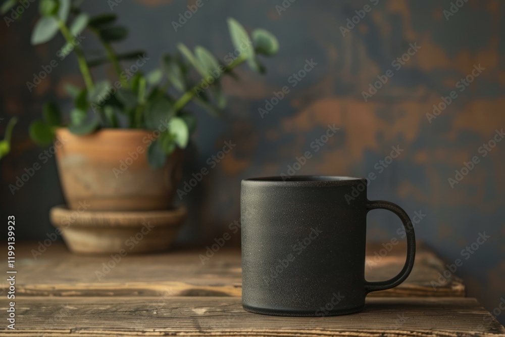 Black coffee mug sits on a wooden table next to a potted plant Black coffee mug sits on a wooden table next to a potted plant