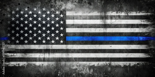 Grunge American Flag with Blue Line: Distressed Patriotism Stock Photo