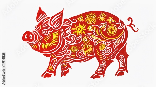 Wallpaper Mural Elegant Red and Gold Paper Cut Pig on White Background Torontodigital.ca