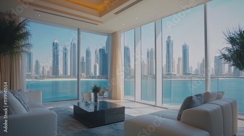 A real estate open house in Dubai, featuring luxury interiors and a professional agent, photo