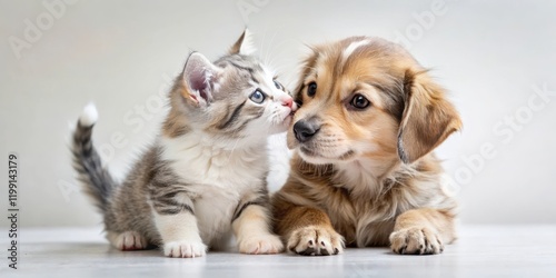 Adorable puppy nuzzling kitten's head with sloppy kiss, furry friends, photo