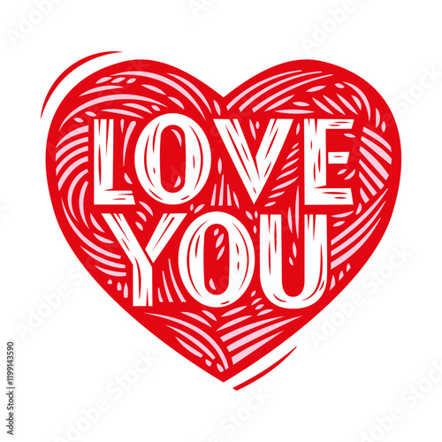 Red heart with pink lines and letters LOVE YOU. Decorative illustration in linocut style. Vector love concept. Good for greeting postcard, romantic event, Valentine's Day. 
