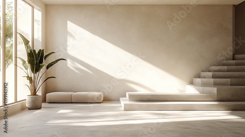 A minimalist room with beige and white walls, concrete floors, sun rays, and an indoor plant offers a cozy and adaptable space for both office and living room setups. 