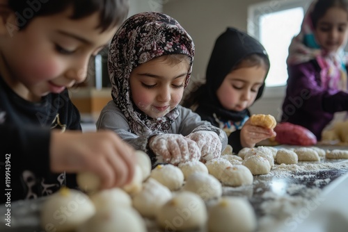  family baking Ramadan cookies together, with children excitedly rolling dough and sprinkling decorations