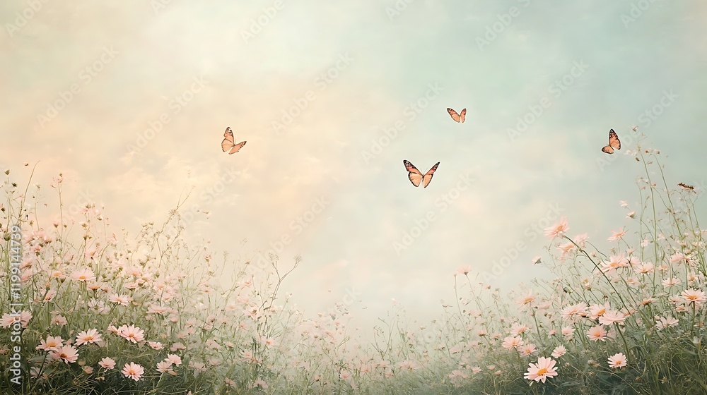 Fototapeta premium A tranquil meadow of pink daisies under a soft morning sky with butterflies gracefully flying over