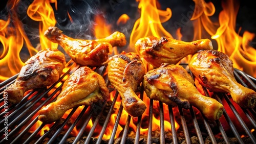 Sizzling chicken legs and wings splayed out across a charcoal grill, surrounded by vibrant orange and yellow flames that dance in the air