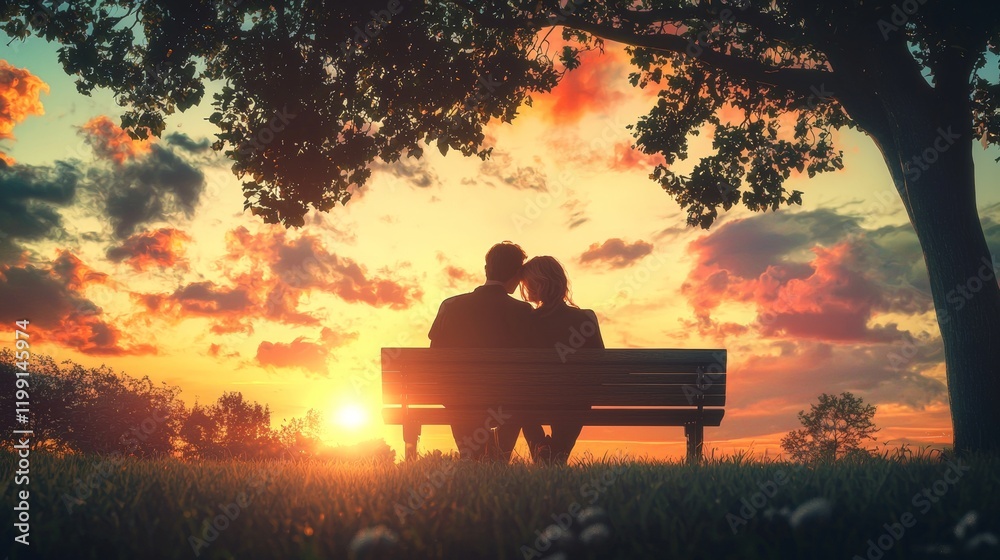 Romantic sunset embrace on a park bench with vibrant sky and silhouettes Romantic sunset embrace on a park bench with vibrant sky and silhouettes