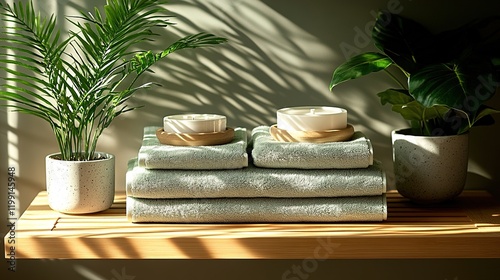 A serene display of neatly arranged towels and candles surrounded by greenery in soft light.