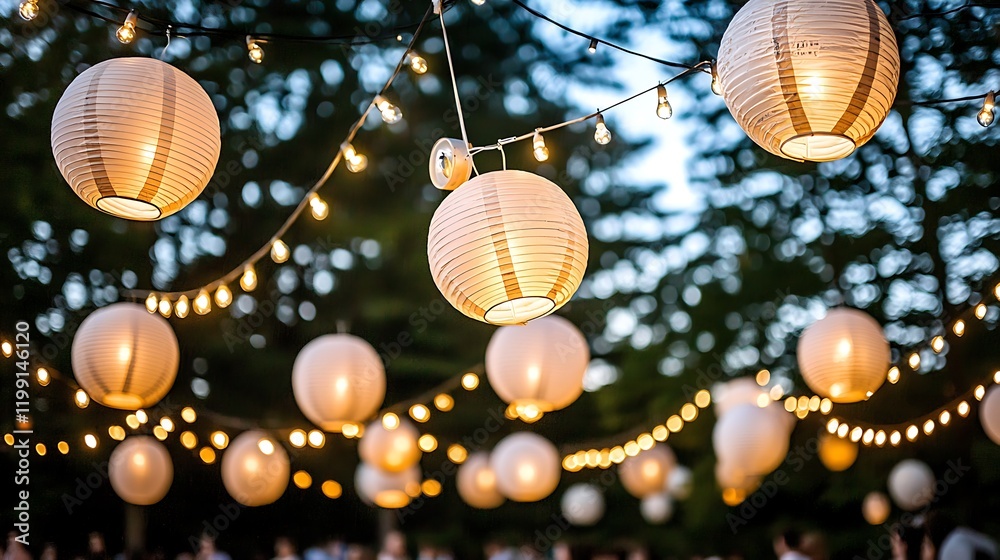 Fototapeta premium Chinese lanterns of varying sizes hanging at different heights, their warm light glowing vividly against the night sky