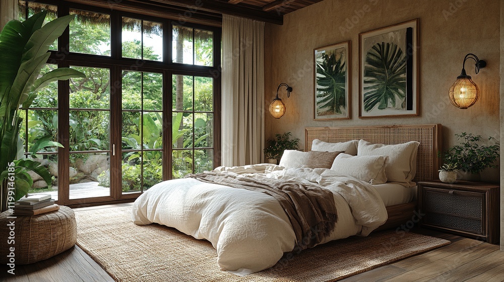 Fototapeta premium Cozy bedroom with natural light, plants, and earthy decor for relaxation and comfort.