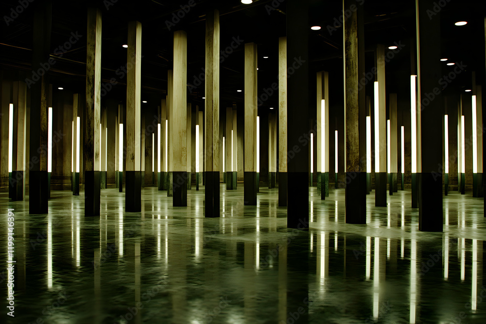 Ethereal interior numerous columns illuminate a vast, reflective floor, creating a mesmerizing architectural space. Ethereal interior numerous columns illuminate a vast, reflective floor, creating a mesmerizing architectural space.