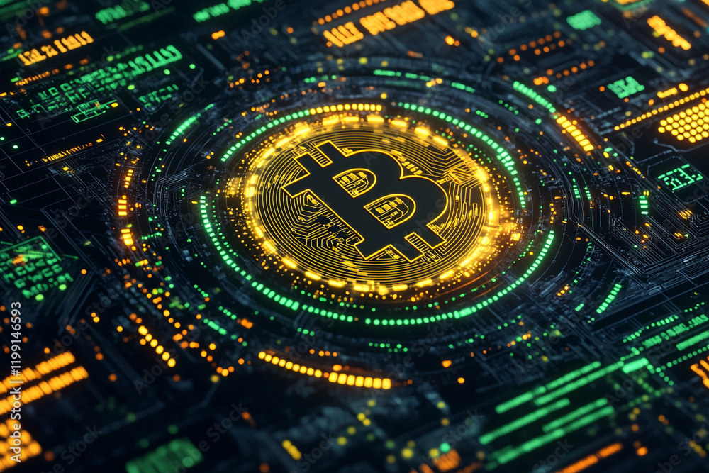 The Bitcoin logo in the motherboard. The Bitcoin logo in the motherboard.