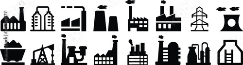 Industrial building factory icon set.Factory and industrial vector line icon.Industry power, chemical manufacturing building warehouse nuclear energy plant.Industrial building, factory and power plant