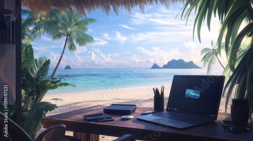 A serene beachside work setup, symbolizing dream jobs with travel and remote benefits, photo