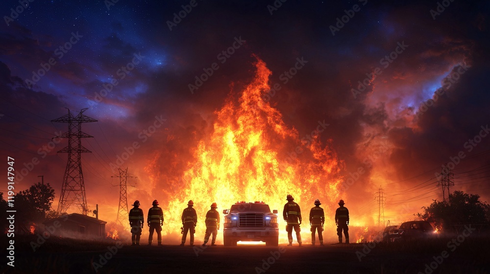Fototapeta premium Firefighters silhouetted against a large blaze
