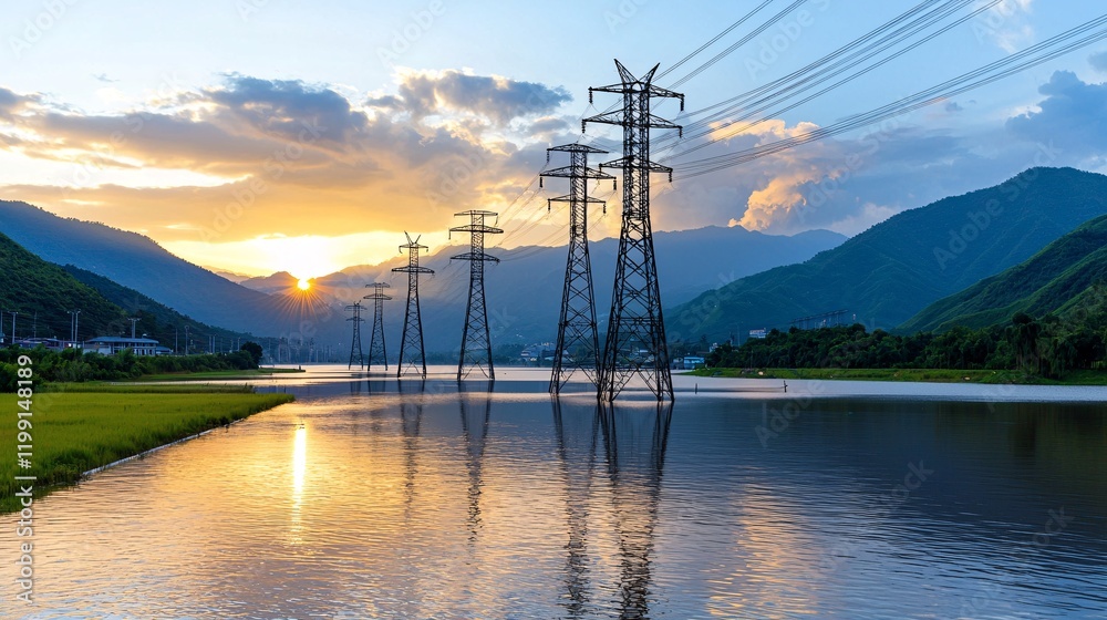 Electrical tower safety concept. Scenic landscape with power lines at sunset