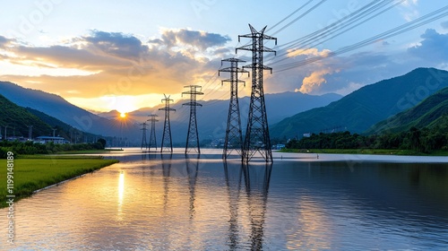 Obraz na płótnie Electrical tower safety concept. Scenic landscape with power lines at sunset w salonie