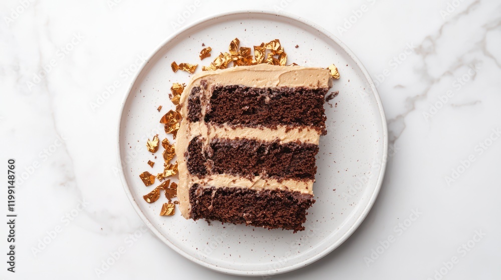 A rich chocolate cake slice topped with creamy frosting, served on a white plate with crunchy bits on the side, perfect for dessert lovers.