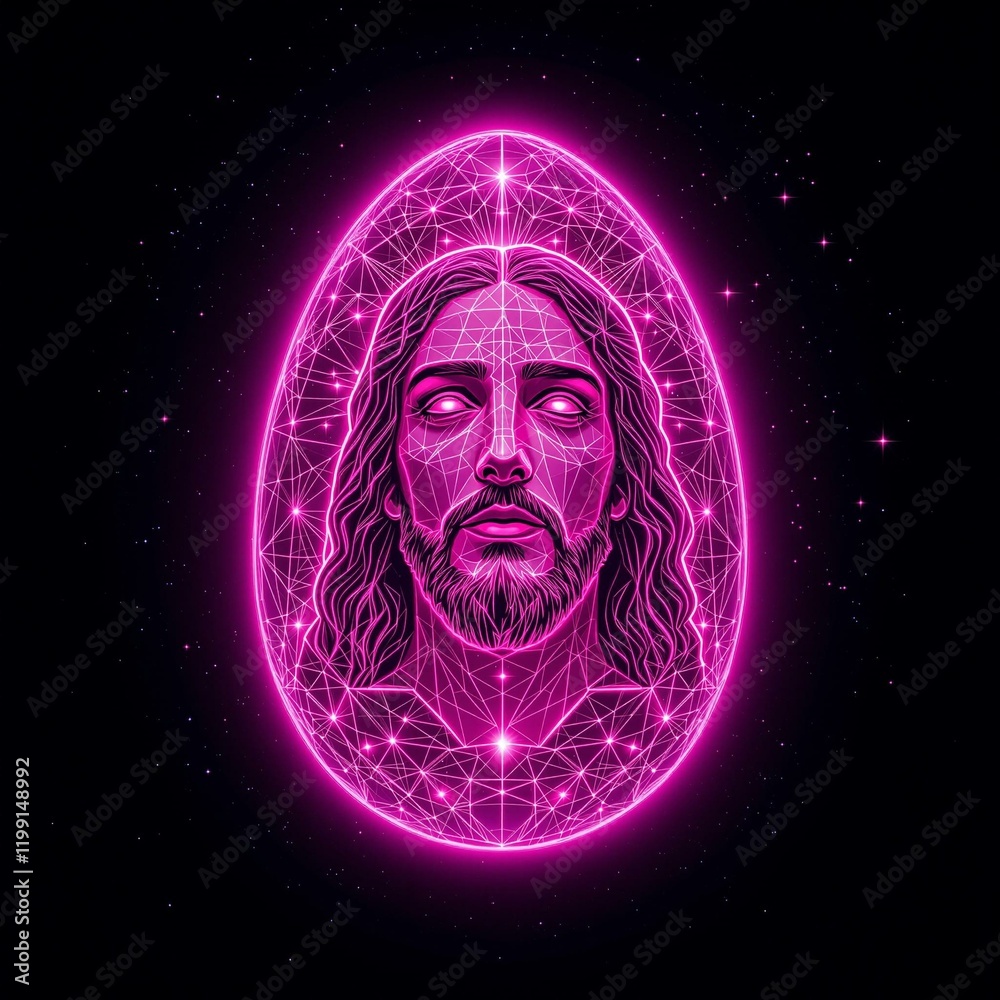 AI Neon Pink Wireframe Egg with the Face of Jesus Christ Glowing on a Cosmic Background AI Neon Pink Wireframe Egg with the Face of Jesus Christ Glowing on a Cosmic Background