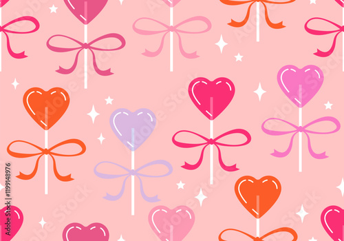 Seamless pattern with heart lollipop. Romantic love sugar caramel symbol. candy heart shape. Valentine day celebration. Cute love drawings. Strawberry flavoured candies. 14 February greetings