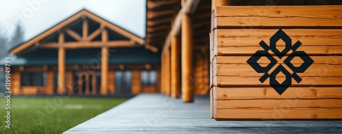 A wooden structure with a distinct logo on a nearby post, surrounded by lush greenery and a rustic building in the background. photo