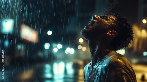 A young man stands in the rain, his face lit by neon lights, emotion pouring out like the storm above.