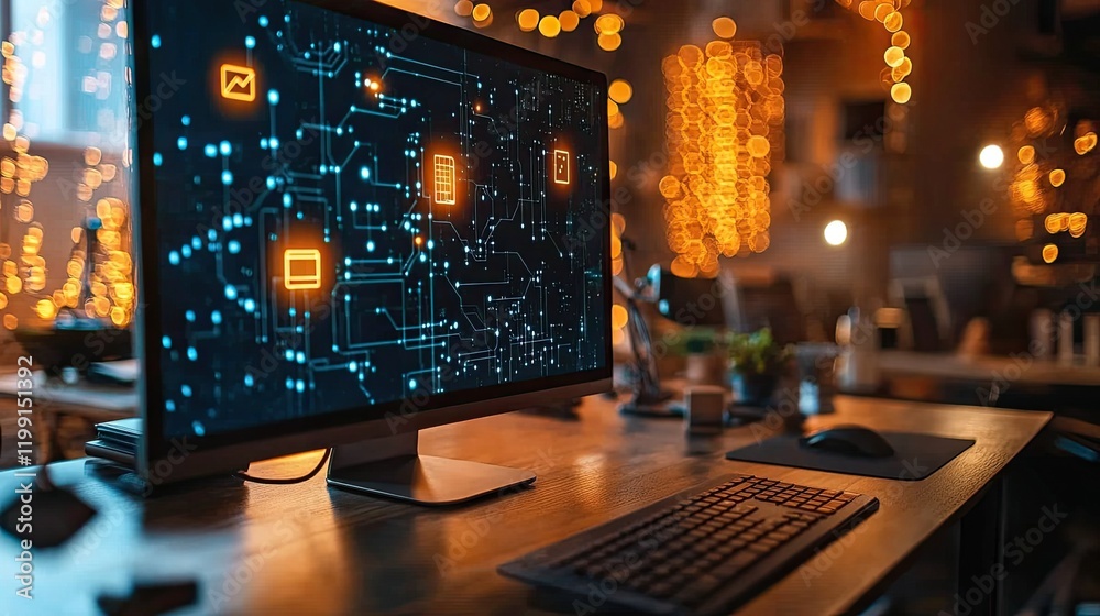 A modern office desk with technology icons, showcasing a minimalist workspace concept. A modern office desk with technology icons, showcasing a minimalist workspace concept.