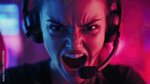 A focused female call center worker, headset on, leans forward with intense emotion as she responds to a challenging call.
