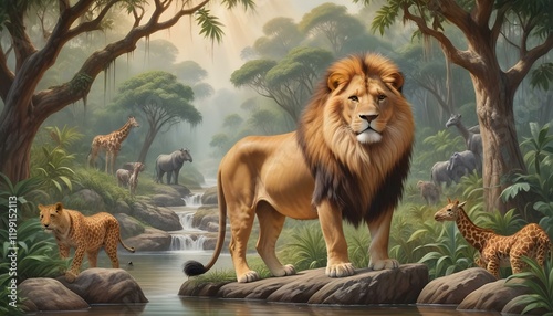 Un majestuoso león macho con una melena llena parado sobre una roca en un ambiente de selva tropical exuberante. Al fondo se ve una jirafa junto con otros animales salvajes, como elefantes