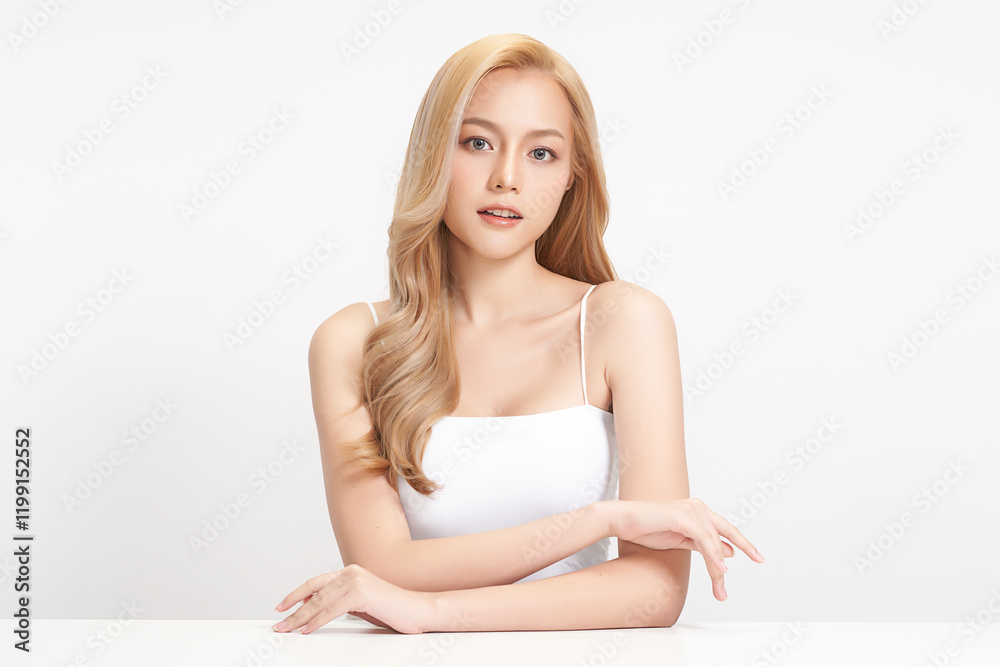 Fototapeta premium Beautiful young asian woman with clean fresh skin on white background, Face care, Facial treatment, Cosmetology, beauty and spa, Asian women portrait.