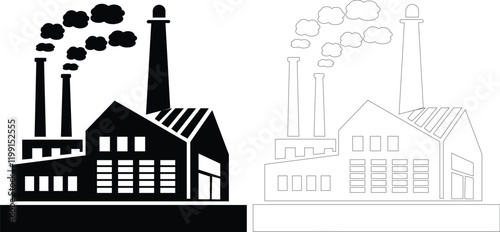 Industrial building factory icon set.Factory and industrial vector line icon.Industry power, chemical manufacturing building warehouse nuclear energy plant.Industrial building, factory and power plant