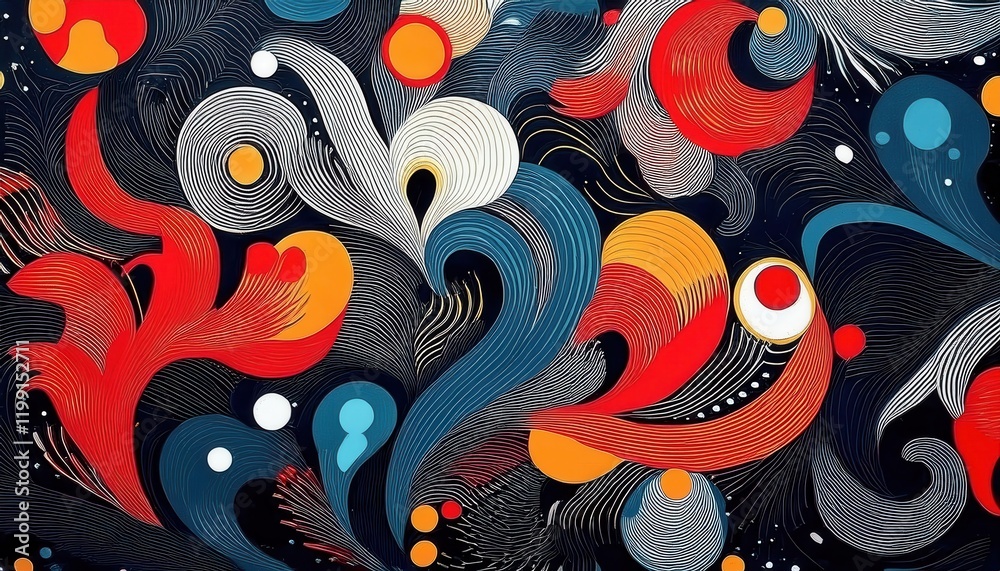 Naklejka premium vivid abstract composition with flowing lines, bold red and orange curves, dynamic wave shapes, and cosmic dots on a dark backdrop